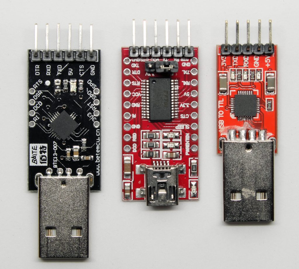 Various USB-to-TTL adapters for programming the HC-05 and HC-06 Bluetooth modules.
