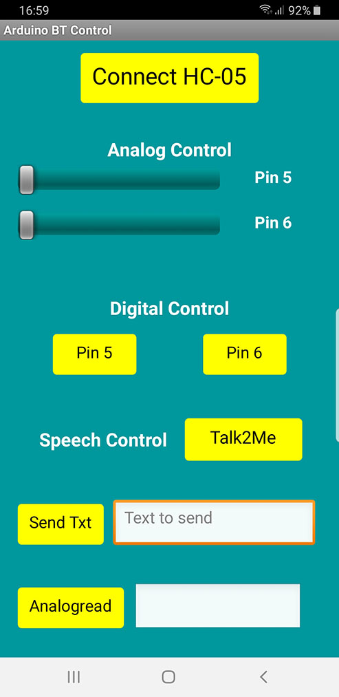 Controlling Arduino with your smartphone - The interface of the Arduino BT Control app