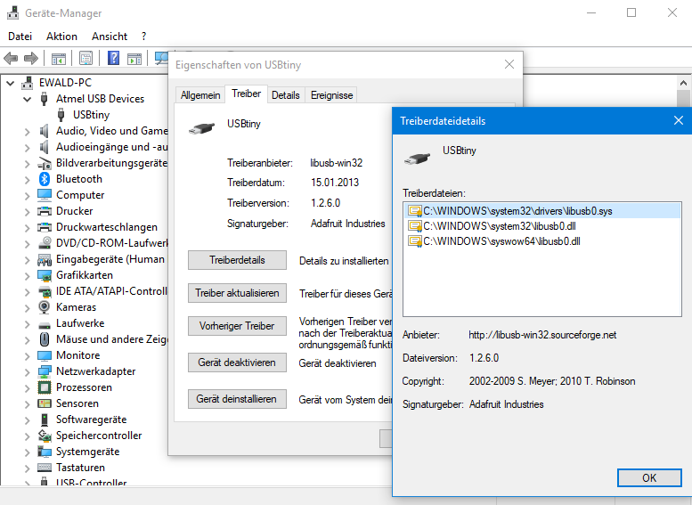 USBtinyISP in the device manager