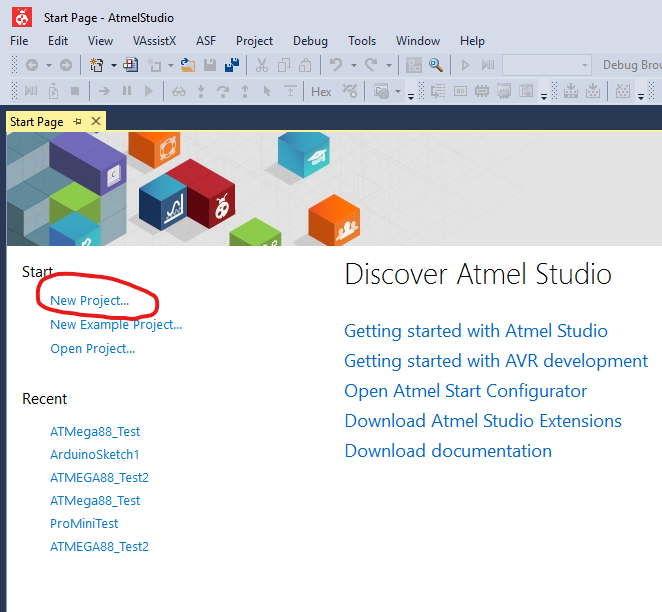 Choose a new project in Atmel Studio 7
