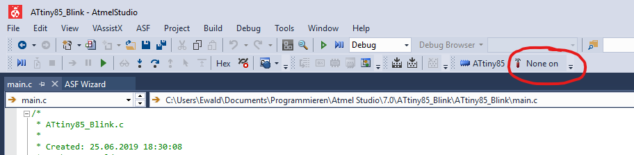 Toolauswahl in Atmel Studio 7