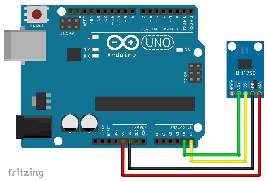 Circuit: the BH1750FVI connected to the Arduino