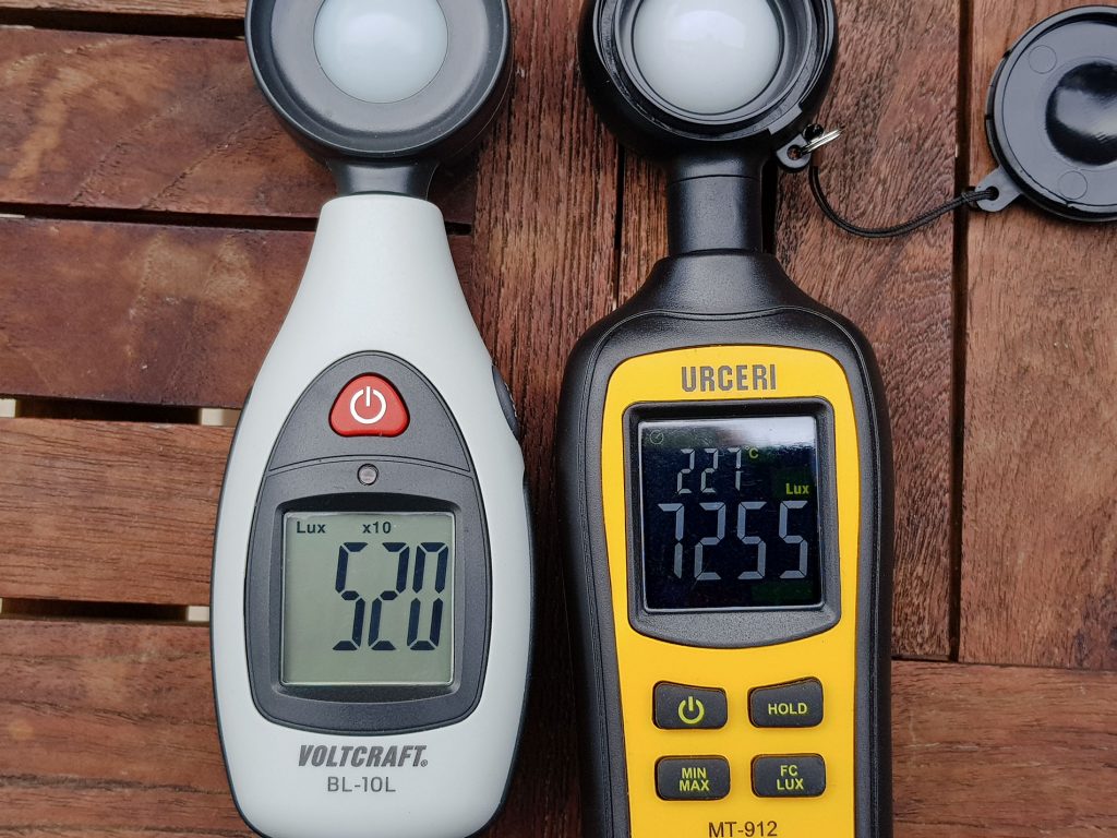 Two light sensors measuring with overcast skay: 5200 vs. 7255 Lux