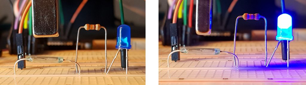 Links: Magnetfeldlinien senkrecht zum Reed-Schalter, Rechts: parallel;