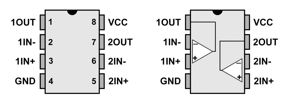 LM393 - links: Pinout, rechts: schematischer Aufbau
