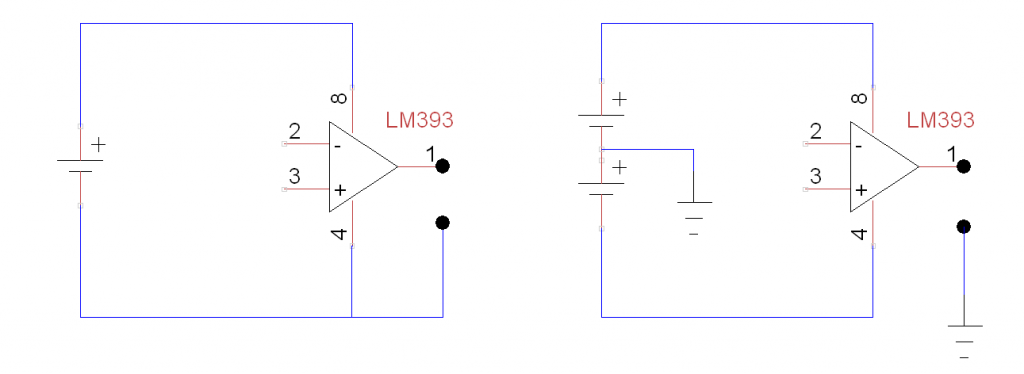 Stromversorgung des LM393 - links: einfache Spannungsversorgung, rechts: doppelte Spannungsversorgung