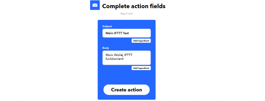 Einstellung der IFTTT Action - hier: E-Mail
