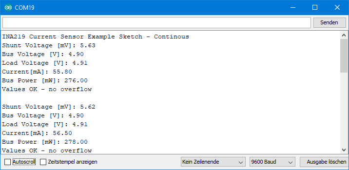 Output of the continuous sketch for the INA219