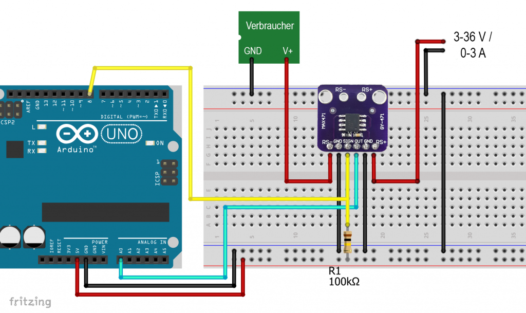 MAX471 module connected to an Arduino UNO