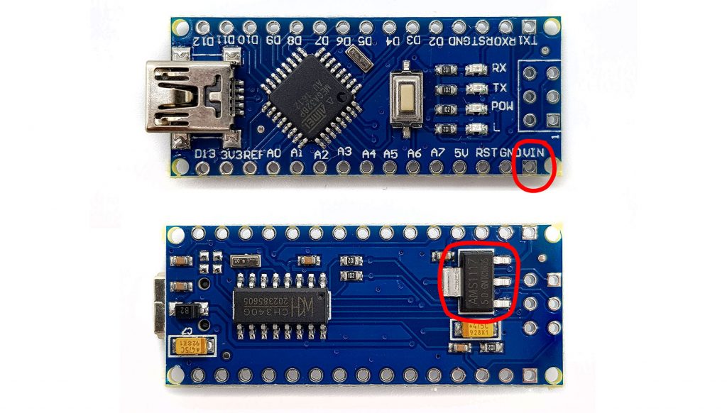 Supply voltage for the Arduino Nano: input pin for power supply and voltage converter