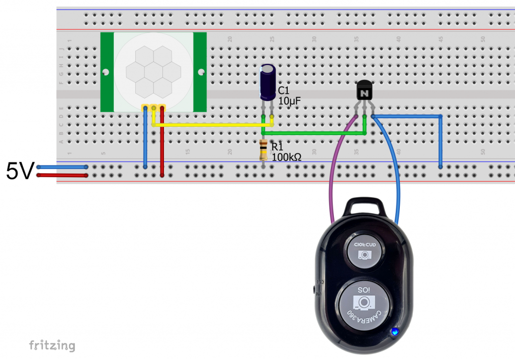 Motion detector controlled remote shutter circuit with high pass