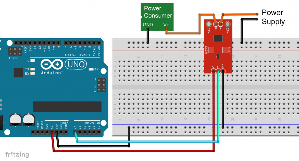 The ACS712 connected to an Arduino UNO