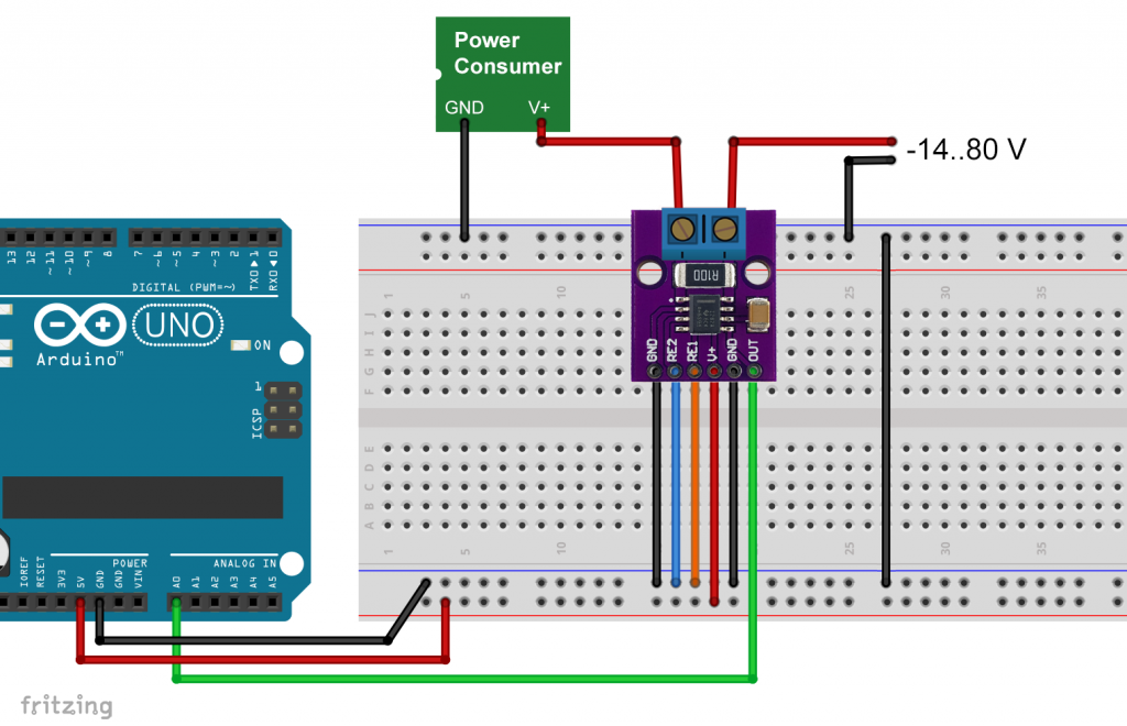 The INA282 connected to an Arduino UNO (High-Side)