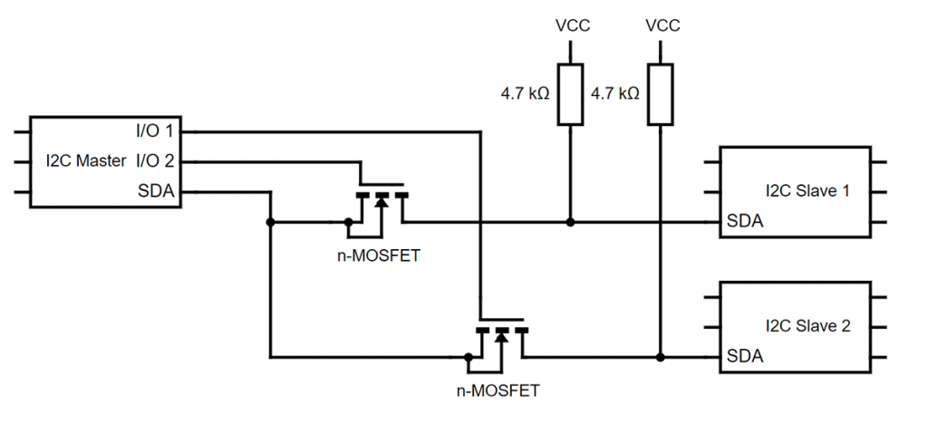 MOSFETs as I2C multiplexer: I/O 1 and 2 switch the MOSFETs