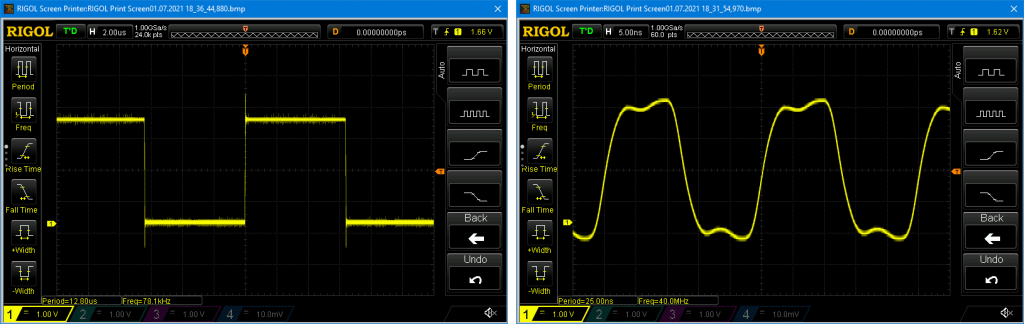 PWM mit dem ESP32 - links: 78125 Hz, rechts: 40 MHz