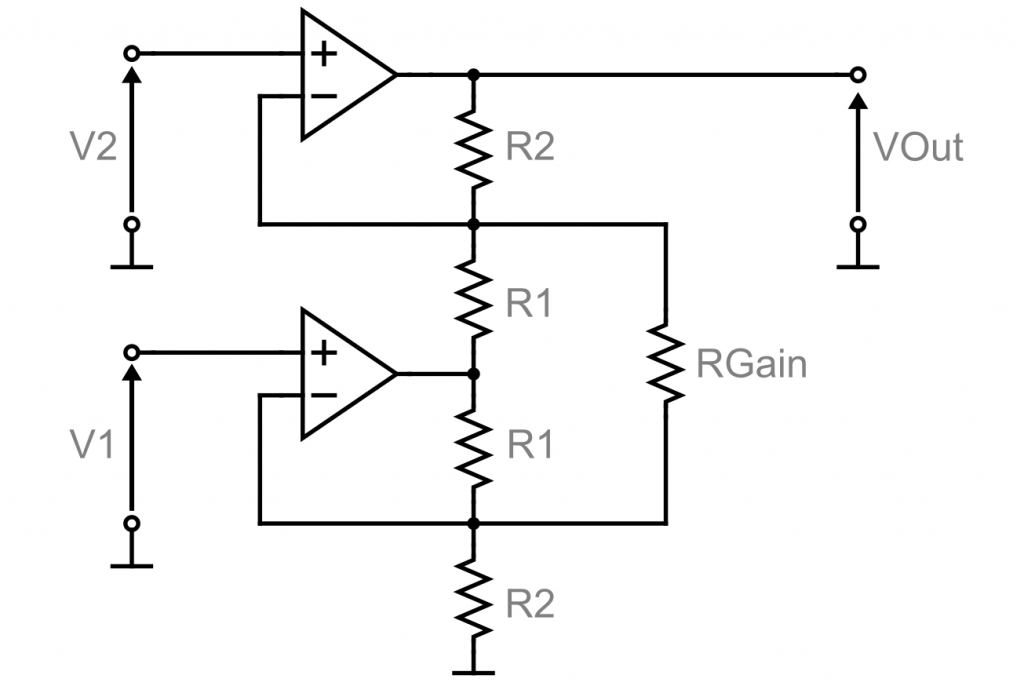 Instrumentation amplifier with two op amps