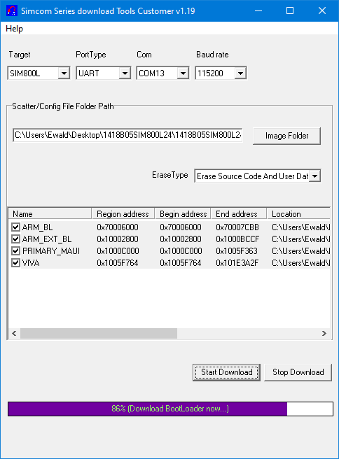 Firmware upload to the SIM800L module with Flash_tool.exe