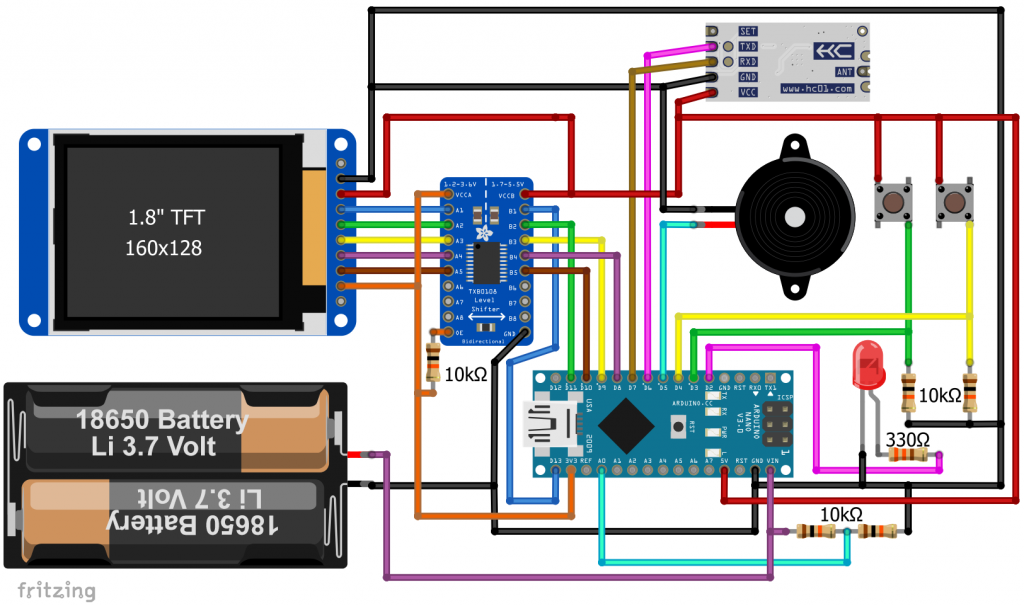 Fritzing circuit diagram of the receiver unit for the wireless BBQ thermometer.