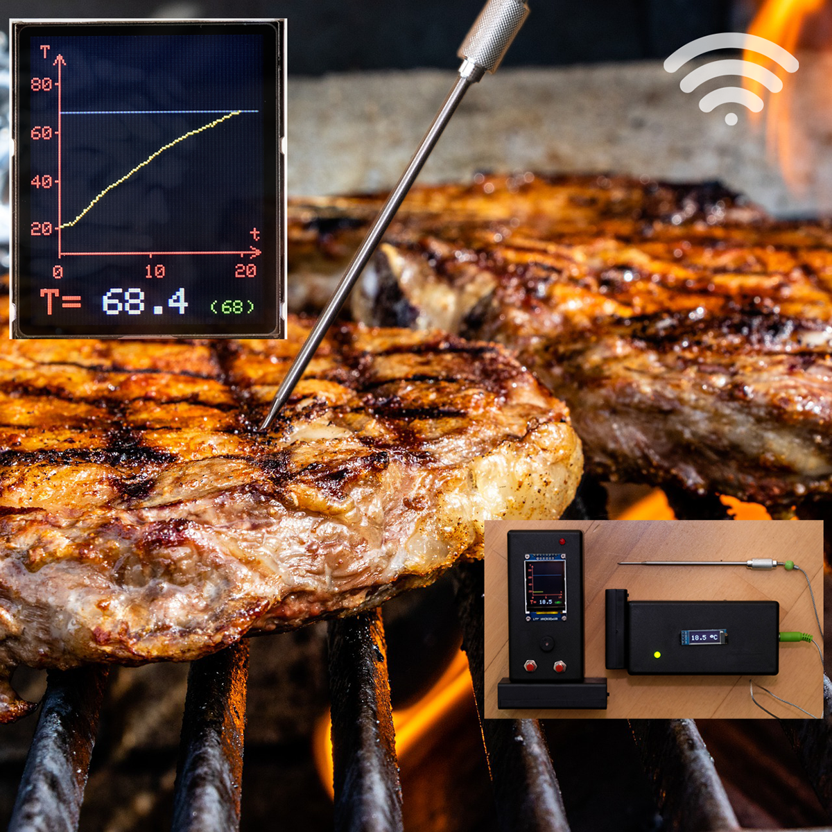 433MHz Wireless BBQ Meat Thermometer Dual Probe for Grilling