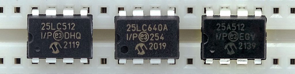 SPI EEPROMs: 25LC512 (512 kbit), 25LC640A (64 kbit), 25A512 (512 kbit)