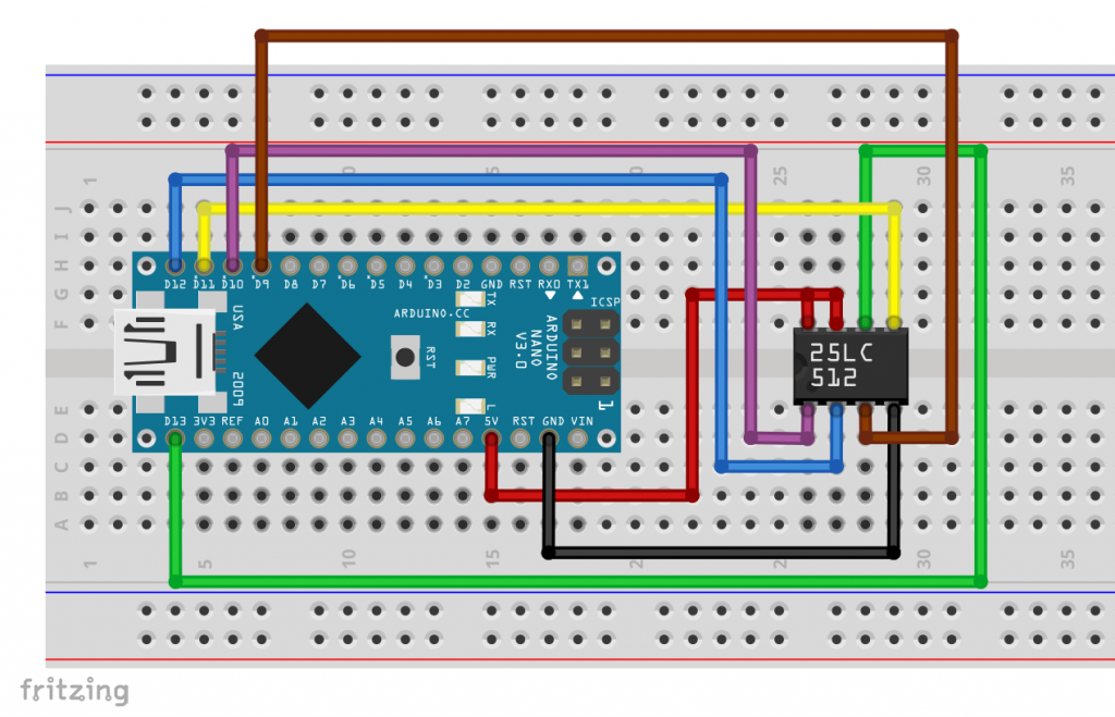 Connection of SPI EEPROMs: 25LC512 hooked up to the Arduino Nano