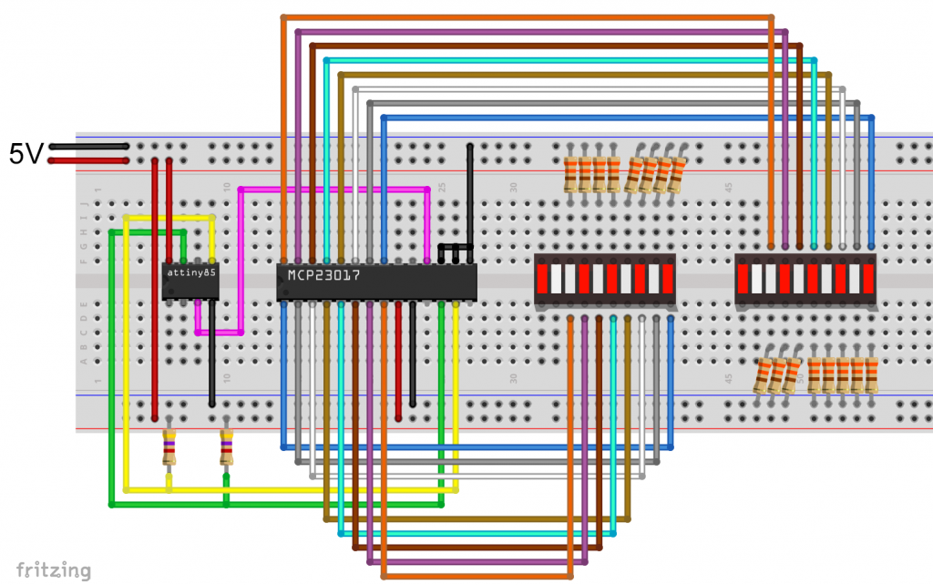 MCP23017 connected to the ATtiny85 for LED control