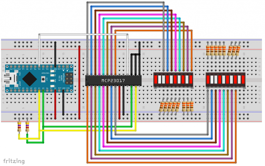 The MCP23017 connected to an Arduino Nano