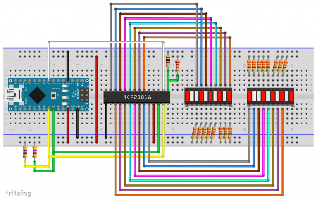 The MCP23018 connected to an Arduino Nano