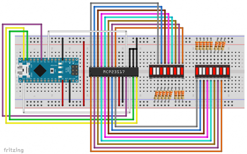 The MCP23S17 connected to an Arduino Nano