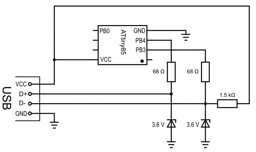 Circuit for ATtiny programming using the Micronucleus bootloader
