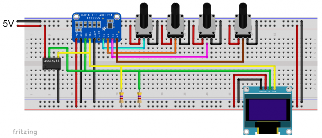 ADS1115 and OLED display connected to the ATtiny85