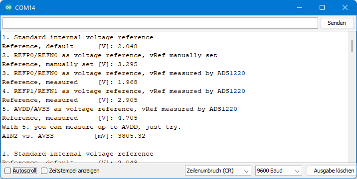 Ausgabe von ADS1220_set_voltage_references.ino