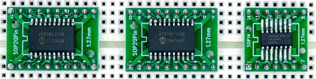 Examples of megaTinyCore compatible microcontrollers: ATtiny3226, ATtiny1626 and ATtiny1614