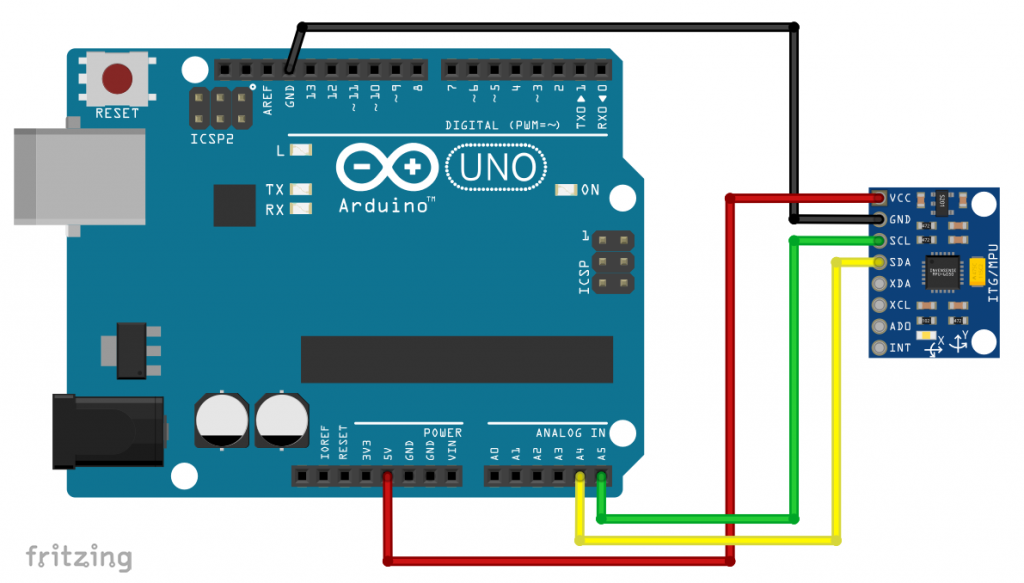 Writing libraries: Example circuit of the MPU6050, connected to an Arduino Uno
