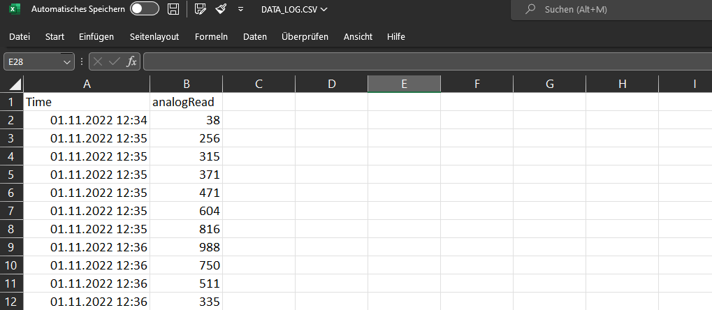 data_log.csv nach Import in Excel