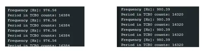 Ausgabe timer_b_input_capture_frq.ino, links: megaAVR Paket, rechts: MegaCoreX Paket