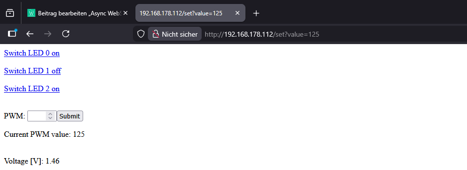 Async WebServer - Browserausgabe von switch_three_leds_plus_pwm_plus voltage.ino